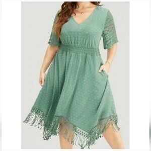 BloomChic Asymmetrical Green Swiss Dot Lace Bottom Dress